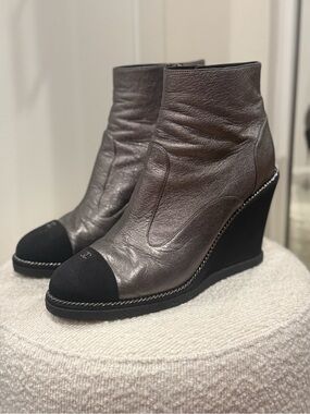 CHANEL Metallic Gray Wedge Ankle Boots with Black Cap Toe